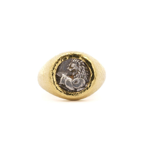 Ancient Greek Lion Hemidrachm 400 BC Hammered 20K Gold Mens Ring