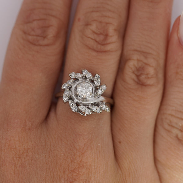 0.45 Carat Old European Cut Diamond Halo 14K White Gold Floral Engagement Ring