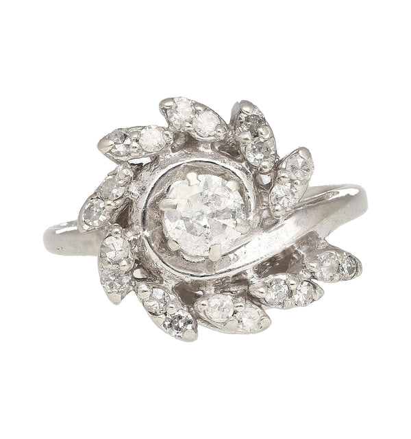 0.45 Carat Old European Cut Diamond Halo 14K White Gold Floral Engagement Ring