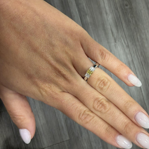 0.87 Carat Yellow and White Diamond Princess Cut 18K 3 Stone Ring