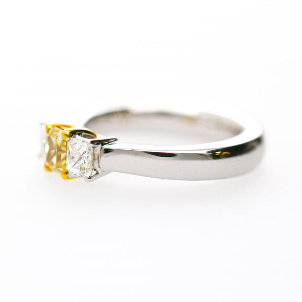 0.87 Carat Yellow and White Diamond Princess Cut 18K 3 Stone Ring