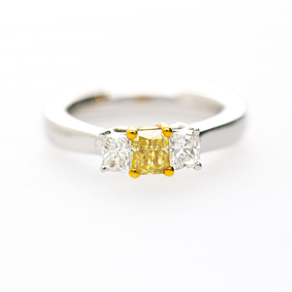 0.87 Carat Yellow and White Diamond Princess Cut 18K 3 Stone Ring