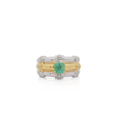 1 Carat Square Cut Emerald and Diamond Platinum & 18K Gold Ribbed Ring