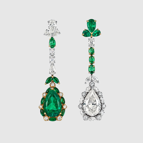 10 Carat Natural Emerald and Diamond Mirrored Drop Earrings in 18K Gold