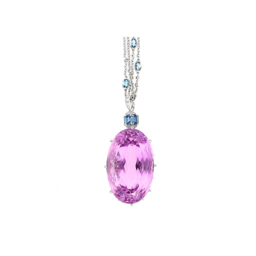 100 Carat Oval Cut Pink Kunzite with Aquamarine & Diamond Pendant in 18K White Gold