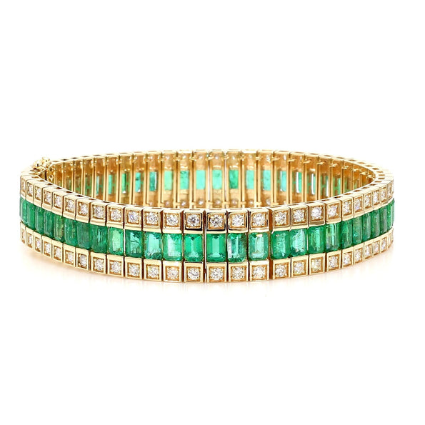 10.18 Carat Emerald and Diamond Baguette 14K Gold Three Row Bracelet