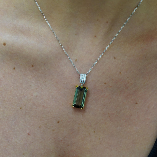 10.52 Carat Forrest Green Tourmaline Emerald Cut 18K Gold Pendant Necklace