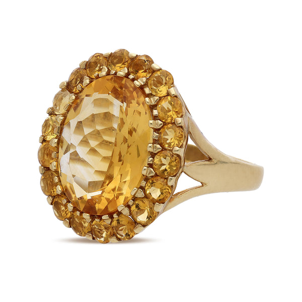 11 Carat Oval Citrine & Round Citrine Halo 14K Yellow Gold Vintage Cocktail Ring
