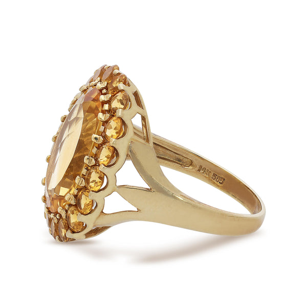 11 Carat Oval Citrine & Round Citrine Halo 14K Yellow Gold Vintage Cocktail Ring