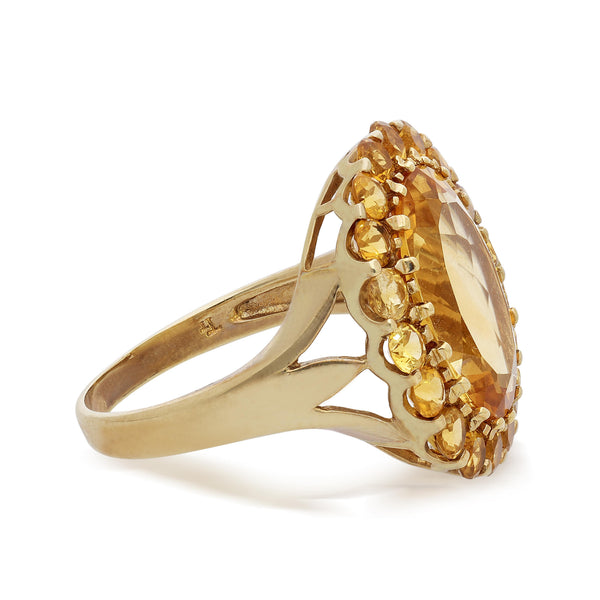 11 Carat Oval Citrine & Round Citrine Halo 14K Yellow Gold Vintage Cocktail Ring