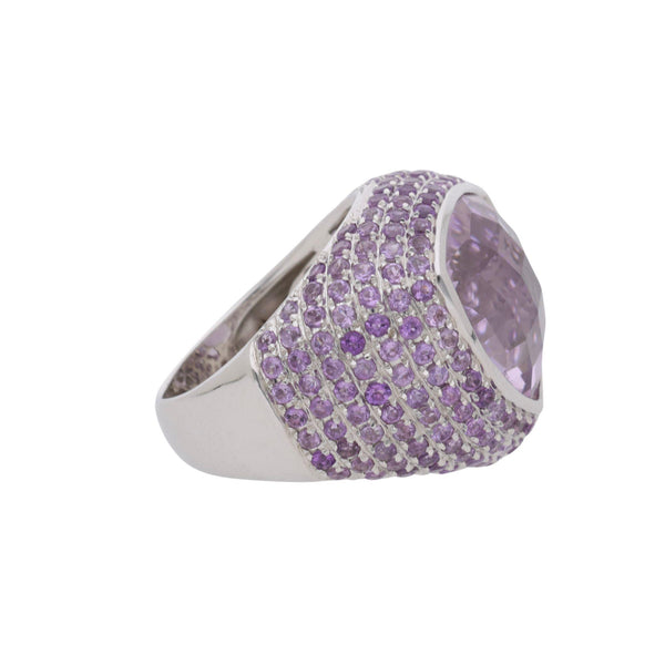 12.50 Carat Trillion Checkerboard Pink Amethyst Pave Dome 14K White Gold Ring