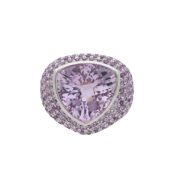 12.50 Carat Trillion Checkerboard Pink Amethyst Pave Dome 14K White Gold Ring