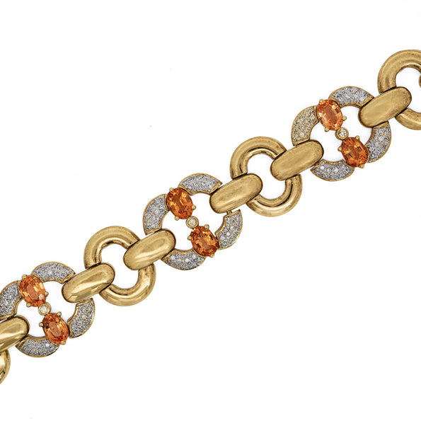 12.75 Carat Oval Spessartine Garnet & Diamond 18K Gold Wide Oval Link Bracelet