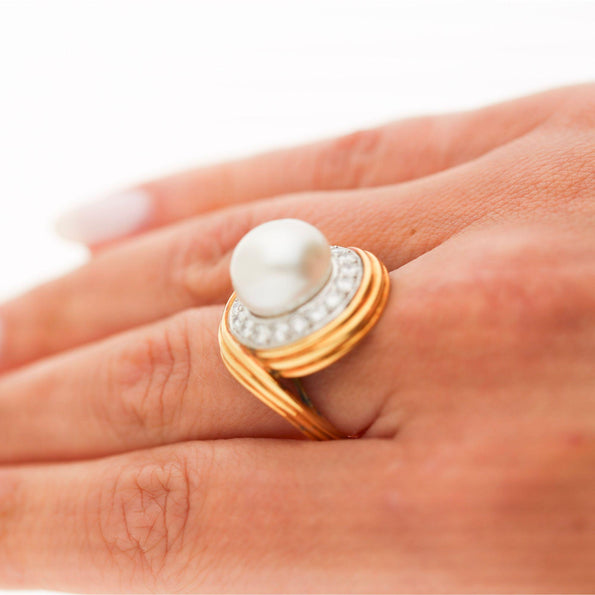 12mm South Sea Pearl & 1.38 Carat Diamond Halo Trio 18K Two Tone Gold Dome Ring