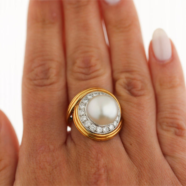 12mm South Sea Pearl 4.26 Carat Diamond 18K Two-Tone Gold Ring and Earring Set