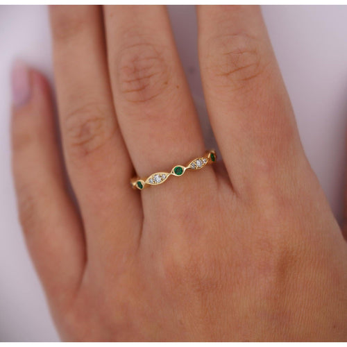 14K Gold Emerald and Lab Diamond Bezel Stacking 3MM Band Wave Ring