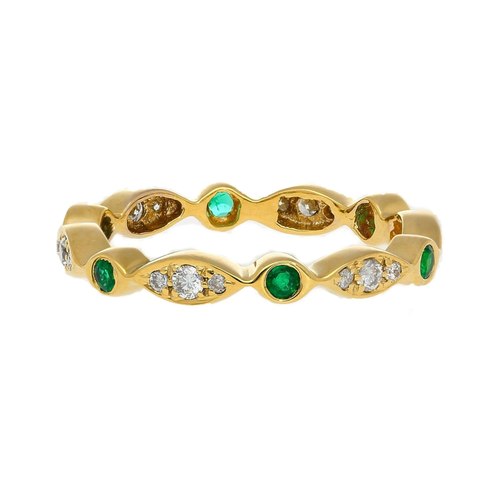14K Gold Emerald and Lab Diamond Bezel Stacking 3MM Band Wave Ring