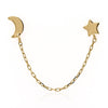 14K Gold Star and Moon with Connecting Chain Double Stud Earrings