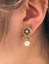 14K Gold Textured Ribbon Motif Natural Pearl, Diamond and Sapphire Stud Earrings