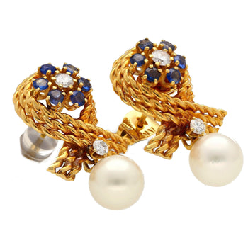14K Gold Textured Ribbon Motif Natural Pearl, Diamond and Sapphire Stud Earrings – Assay Jewelers