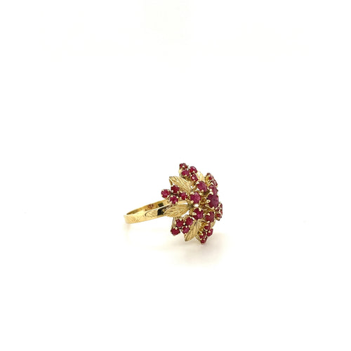 14K Gold Vintage Round Cut Ruby Flower Rose Ring