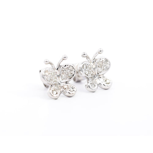 14K Solid White Gold Natural Diamond Cluster Butterfly Stud Earring