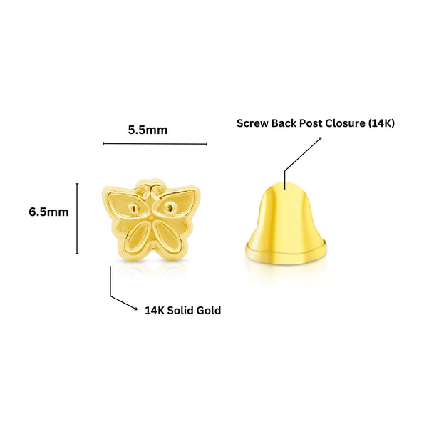 14K Solid Yellow Gold Dainty Butterfly Stud Earrings Screw Back Closure
