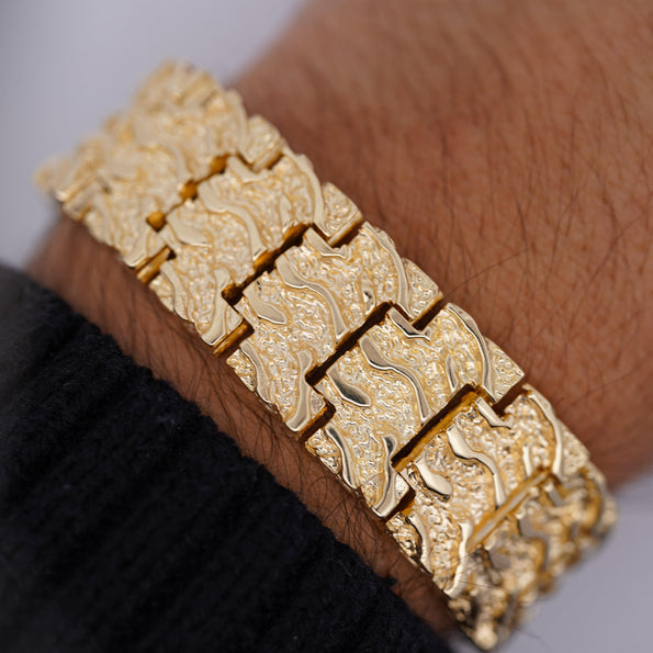 14K Solid Yellow Gold Nugget Link Mens Bracelet