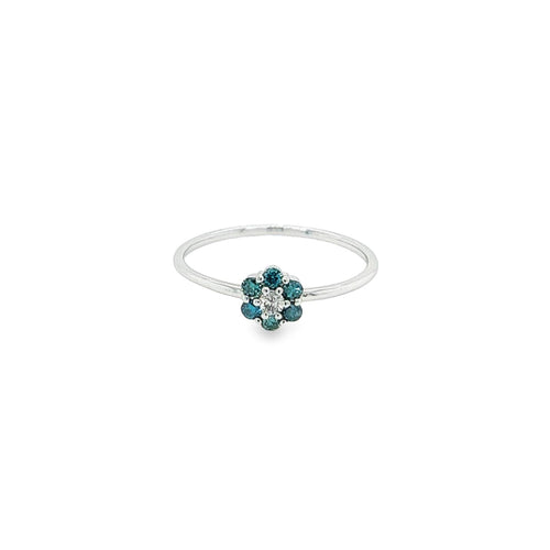 14K White Gold Blue and White Diamond 1MM Daisy Flower Ring