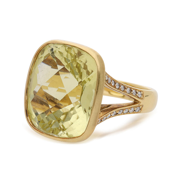 14.55 Carat Cushion Peridot & Diamond Split Shank 18K Yellow Gold Cocktail Ring