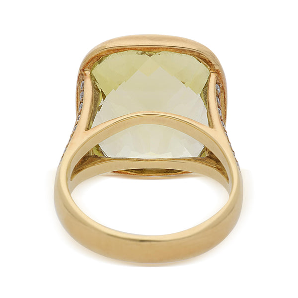 14.55 Carat Cushion Peridot & Diamond Split Shank 18K Yellow Gold Cocktail Ring