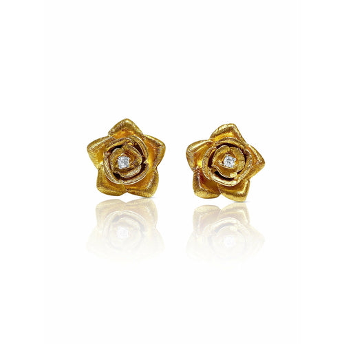 14k Solid Gold Flower and Diamond Stud Earrings