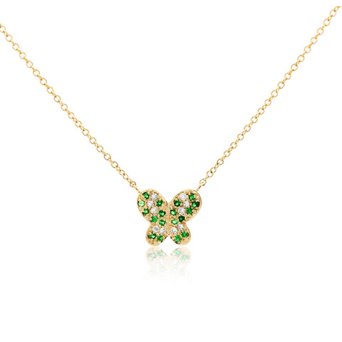 14k Solid Yellow Gold Tsavorite Butterfly Charm Floating Pendant Necklace