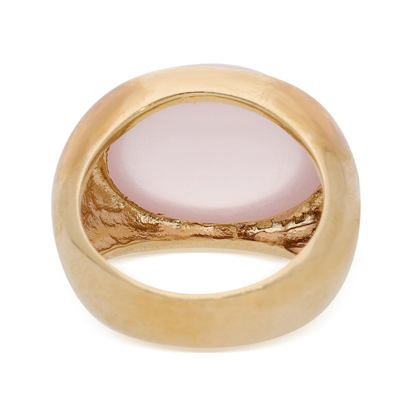 16 Carat Oval Pink Quartz Cabochon 14K Yellow Gold Vintage Dome Bold Signet Ring