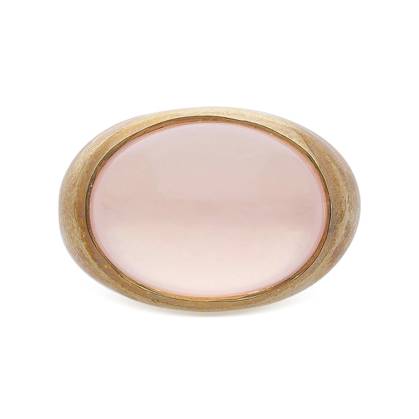 16 Carat Oval Pink Quartz Cabochon 14K Yellow Gold Vintage Dome Bold Signet Ring
