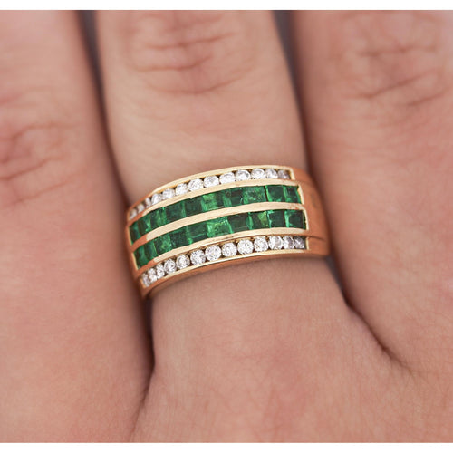 18K Gold Square Emerald and Round Diamond Channel Set Band Ring