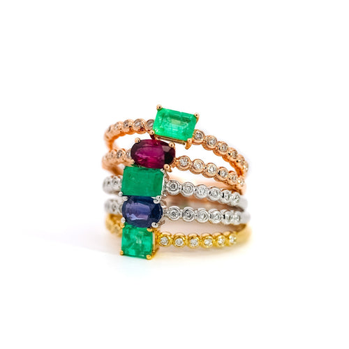 18K Solid Gold Thin Ribbed Textured Band Emerald, Ruby, Or Sapphire Ring