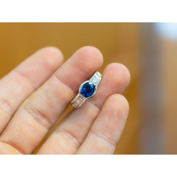 18K White Gold Bezel and Channel Set Oval Cut Blue Sapphire & Baguette Diamond Ring – Assay Jewelers