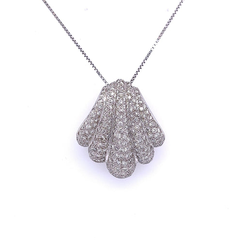 18K White Gold and Diamond Pave Sea Shell Pendant Necklace