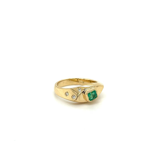 18K Yellow Gold Bezel Set Natural Emerald and Floating Round Diamond Ring