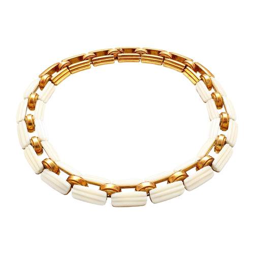 18K Yellow Gold and White Agate Square Link Chain Choker Necklace