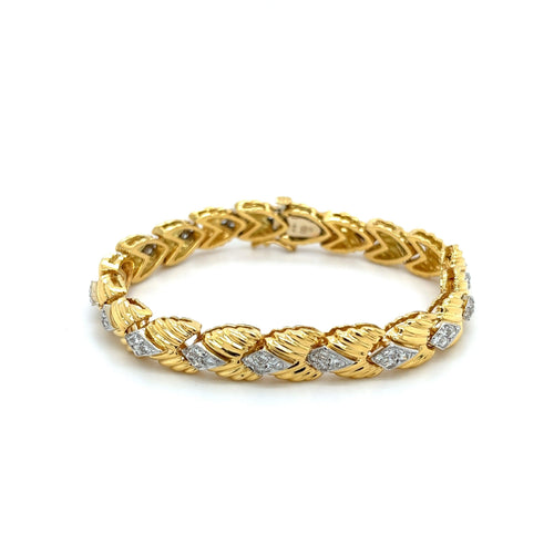 18k Two-Tone Gold Link Bracelet with Textured Finish and 1.30CTW in Diamonds