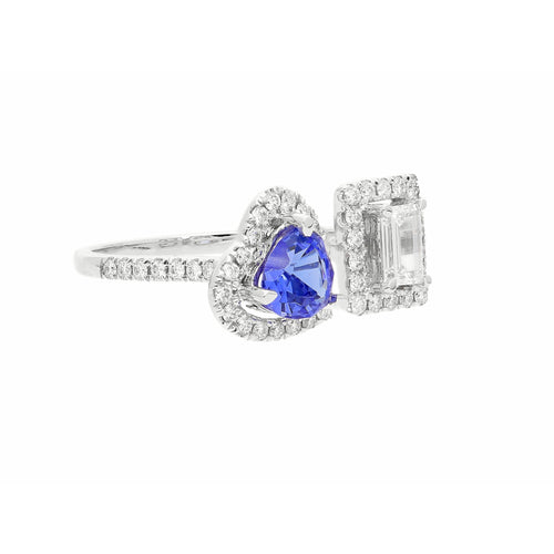 18k White gold Toi et Moi Ring with Natural Emerald cut Diamond and Heart Shape Tanzanite