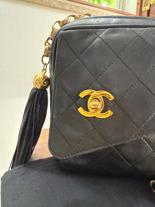 1990s Chanel Vintage Black Quilted CC Camera Bag