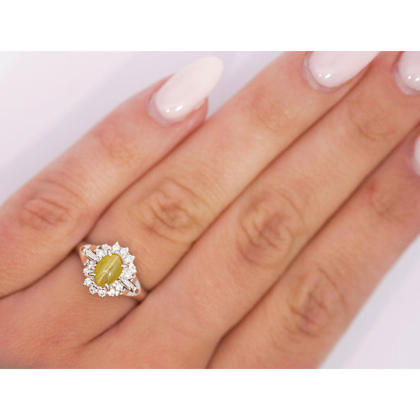 1.04 Carat Green Chrysoberyl Cat's Eye and Diamond Platinum Art Deco Style Ring