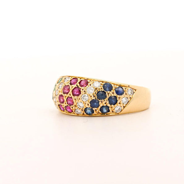 1.21 Carat Ruby Sapphire Emerald Diamond 18K Gold Multi Gem Cluster Dome Ring