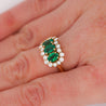 1.22 Carat Emerald & Diamond 18K Gold Halo Three Stone Band Ring
