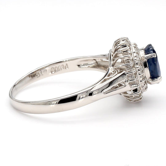 1.25 Carat Oval Blue Sapphire and Diamond Platinum Double Halo Ballerina Ring