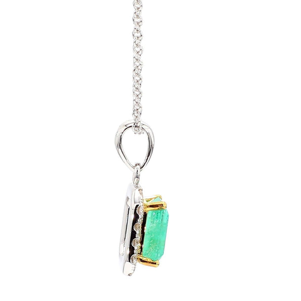1.26 Carat Colombian Emerald Diamond Halo 18K White Gold Pendant Necklace