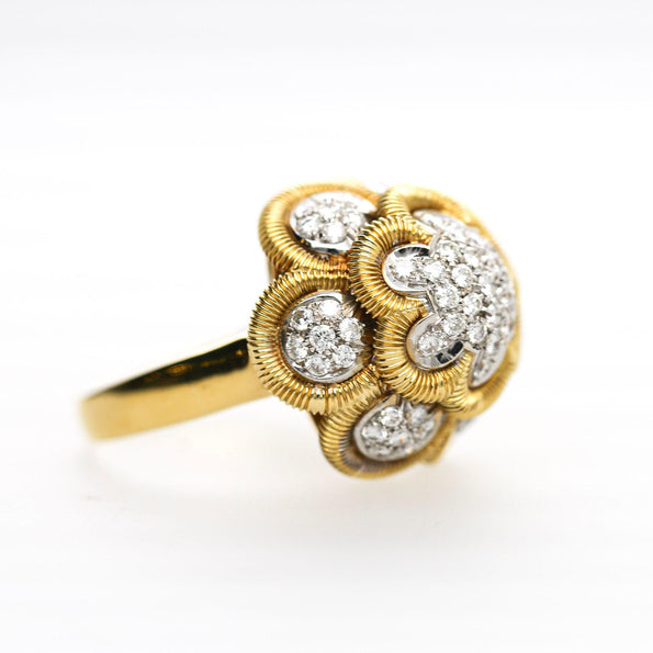 1.35 Carat Round Diamond Pave 18K Two Tone Gold Floral Dome Cocktail Ring